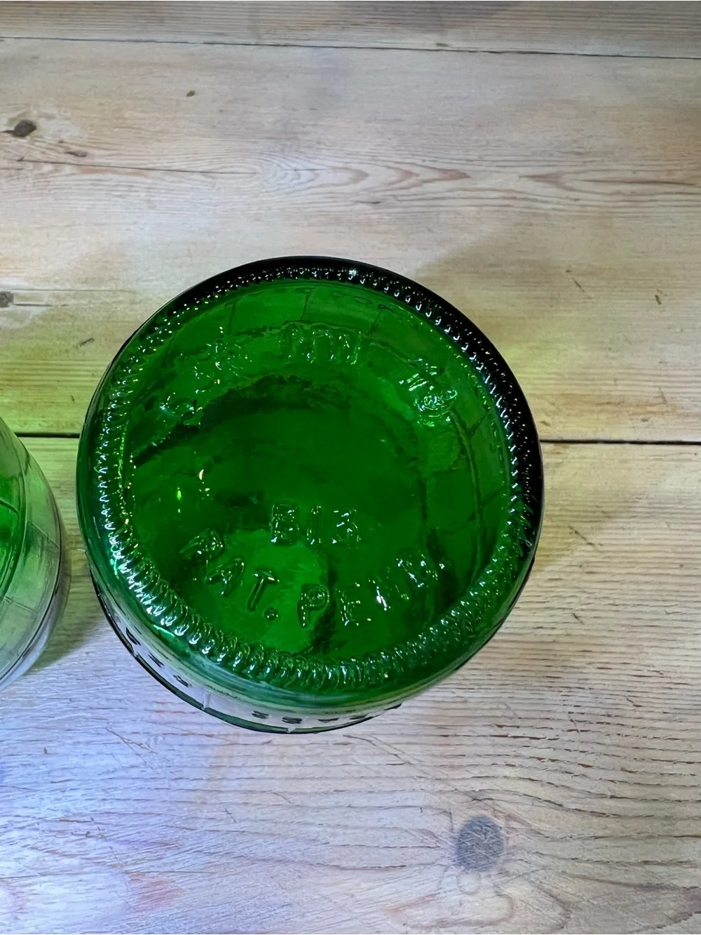 Set 3 Vintage Mickey's Fine Malt Green Glass Barrel Bottles 1960 Patent Pending